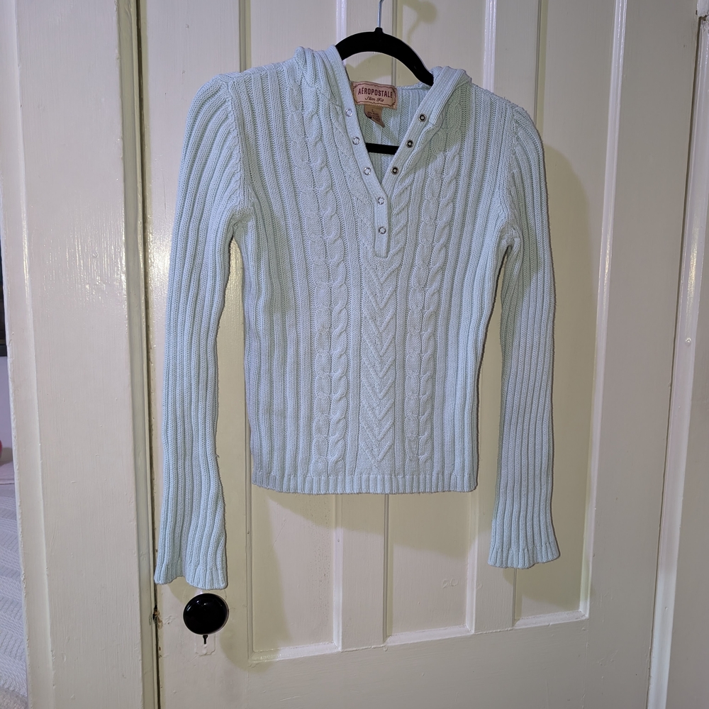 Vintage Y2K Aeropostale Women's Light Blue Cable Knit Hooded Sweater